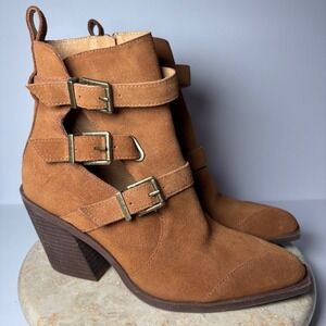 Crown Vintage‎ Womens 9 Strala Bootie Cognac Buckle Western Chunky Heel